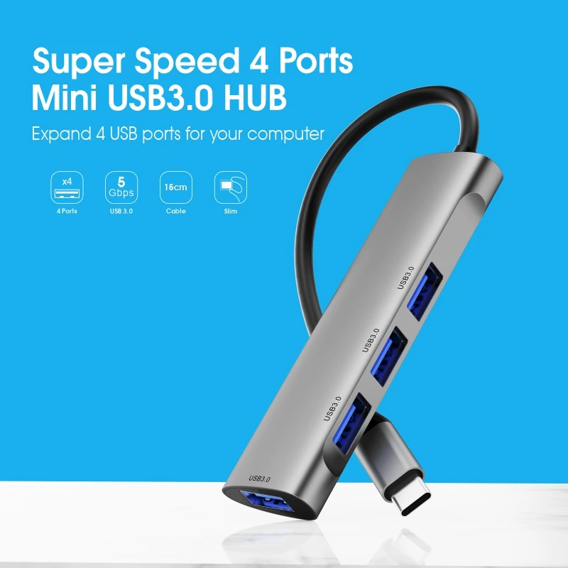 Aluminum 4 Port USB Hub High Speed 5Gbps USB Port Hub 3.0 USB C Data Hub for iPad Macbook PC Laptop Notebook