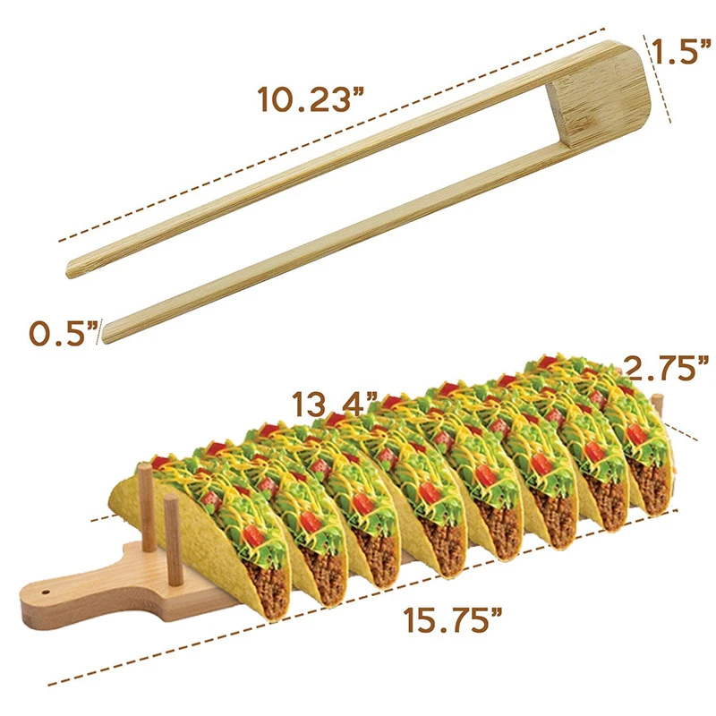 Bamboo Taco Holder Stand Plate Tray with 2 Tongs - Rack Holds 8 Soft or Hard Shell Tacos - Great also for Burritos and Tortillas