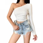 Bare Midriff Customizing One Shoulder Shirts For Women  Crop Top Shirts Blouse Ladies