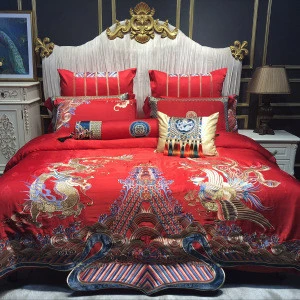 Big red delicate embroidery egyptian cotton king size wedding bedding set luxury duvet covers