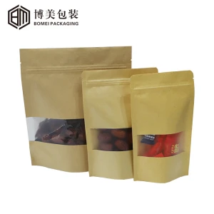 Biodegradable Food Stand Up Kraft Zipper Pouches Custom Packaging Kraft Paper Zip Bag With Clear Window