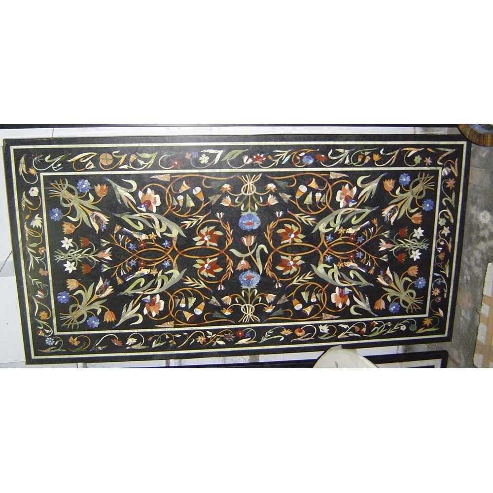 Black Italian Rectangle Inlay Marble table , Marble Inlay Table Top Pietra Dura Marble Dining Table Top