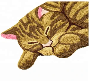 Brown Cute Sleeping Cat Shaped Mat Bedroom Area Rug, Christmas Tabby Cat carpet