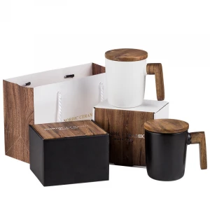 Ceramic Black Matte Mug Modern With Wooden Handle And Lid Luxury Gift Box Set Pottery Mug Couple Mugs Ceramic Coffee Drinking