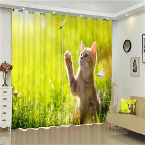 Curtain Luxury Beautiful 3D Printed Cute Cat Series Beaded Double Swag Window Curtain With Valance