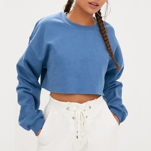 Custom Women Blank Unbranded Raw Edged Crop Top Crewneck Sweatshirt Cotton Fleece Luxury Sweatshirt