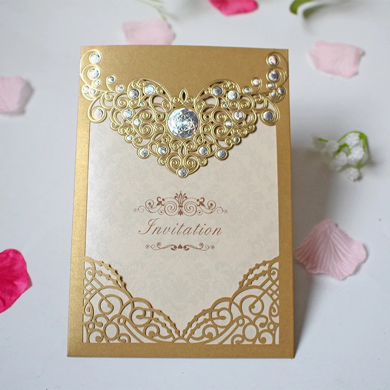 Customized Design Luxury Buckle Ivory White Flocking Wedding Invitation Cards