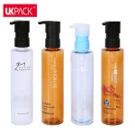 Empty PET transparent plastic 150ml makeup remover bottle with cleansing oil pump