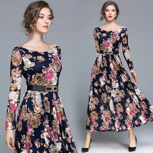 European Flower Elegant Maxi Dress Long Sleeve