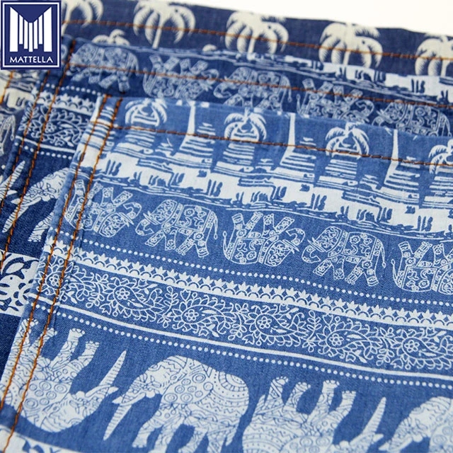 FA005 Thai design animal elephant coconut tree elastic 75 cotton 23 polyester 2 spandex stretch indigo printed denim fabric