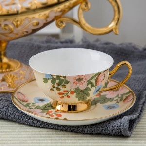 Fancy Bone China Golden Handle Teacup Ceramic Tea Cups Saucers Sets