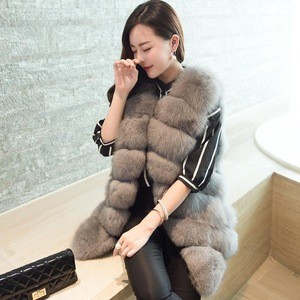 Fashion Casual Warm O-Neck Long Fox Fur Vest Coat Women Sleeveless Pockets Outwear