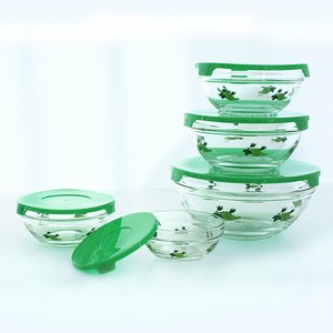 Five Pieces Glass Cooking Bowl Set With Colorful Lid , glass food bowl