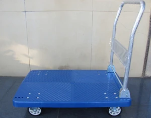 Guangdong 300kg Load Foldable Four Wheel Plastic Platform Mute Trolley Hand Cart with Folding Handle
