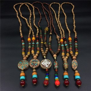 Handmade Nepal Jewelry Buddhist Mala Wood Beads Pendant Necklace Ethnic Horn Fish Long Statement Necklace For Women Men