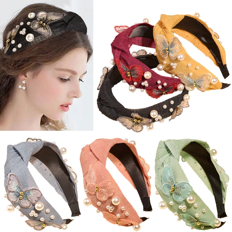 headband women simples fashion women fabric custom lace knotted headbands flower embroidery pearl butterfly headband