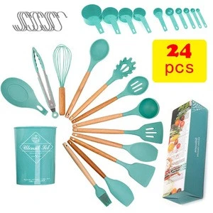 Heat-resistant silicone 24 sets kitchen cookware utensil tools productos para cocina silicon wooden handle kitchenware products