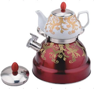 High Quality Professional 201SS Double water kettle with ceramic teapot stainless steel kettle whistling kettle gold patten