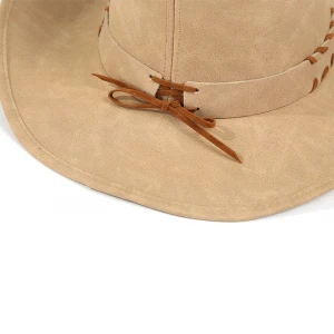 High Quality Unisex Cowhide Hats Wide Brim Western Cowboy Jazz Hat Cap with Strap Metal Bull Head