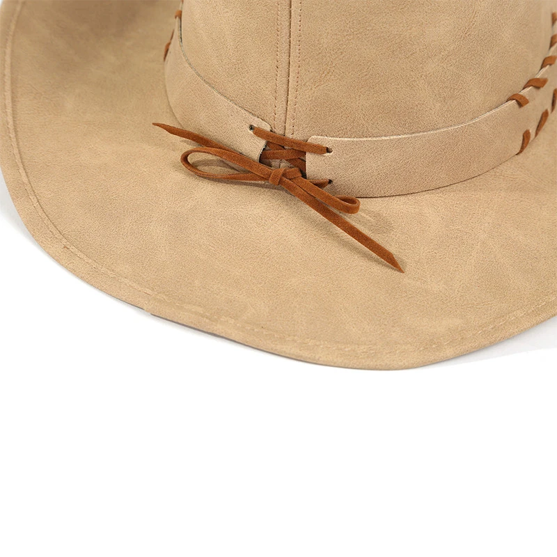 High Quality Unisex Cowhide Hats Wide Brim Western Cowboy Jazz Hat Cap with Strap Metal Bull Head