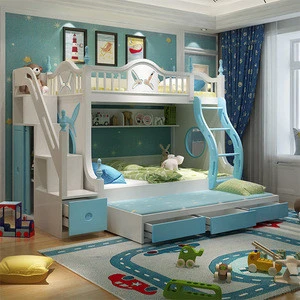 Home furniture loft solid wood frame children cartoon bunk bed with slide