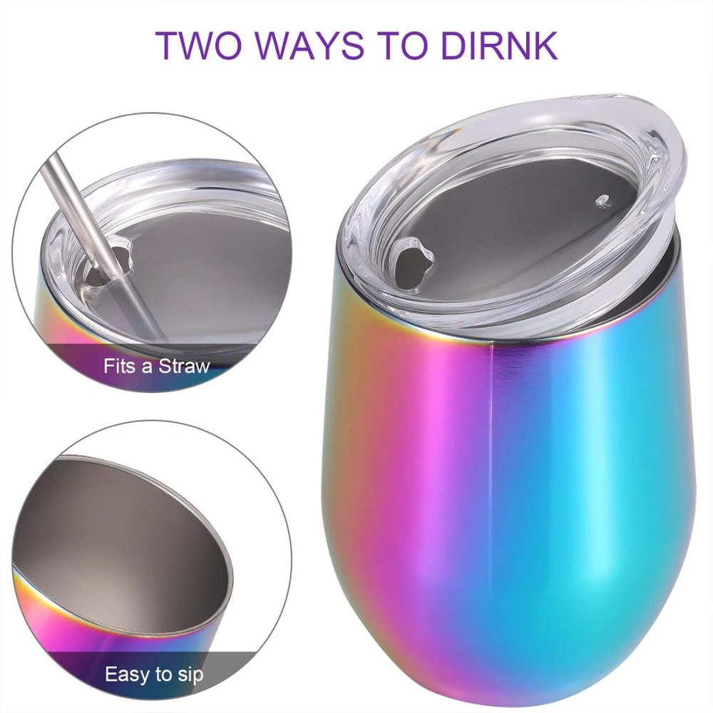 Hot Sale 12 oz Double insulated Stemless Wine Glass Stainless Steel OEM Tumbler Cup with Lids for Wine Coffee Drinks
