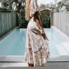 Hot Selling Bohemian Rayon Waist Hollow Print Dress V-neck Belt beach Dress