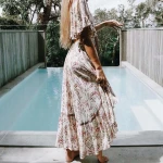 Hot Selling Bohemian Rayon Waist Hollow Print Dress V-neck Belt beach Dress