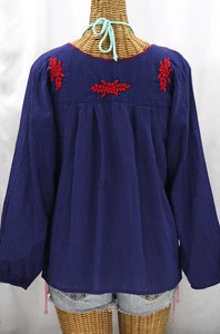 Hot selling mexican embroidery blouse/tops full sleeves blouse red color floral hand embroidery blue blouse