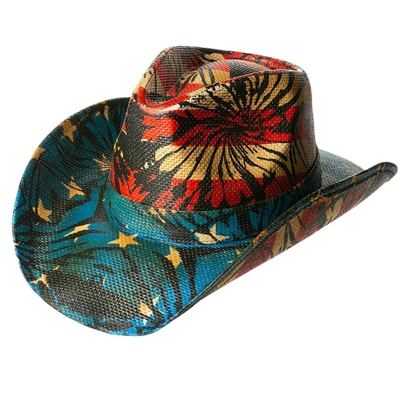 JAKIJAYI Raffia embroidered camouflage cowboys straw hat fashion wide Brim fedora straw hat