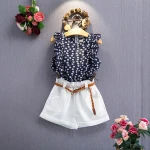 Korea Girls Floral Sleeveless with Belt childrens baby girl summer clothing T-shirt Shorts Sets