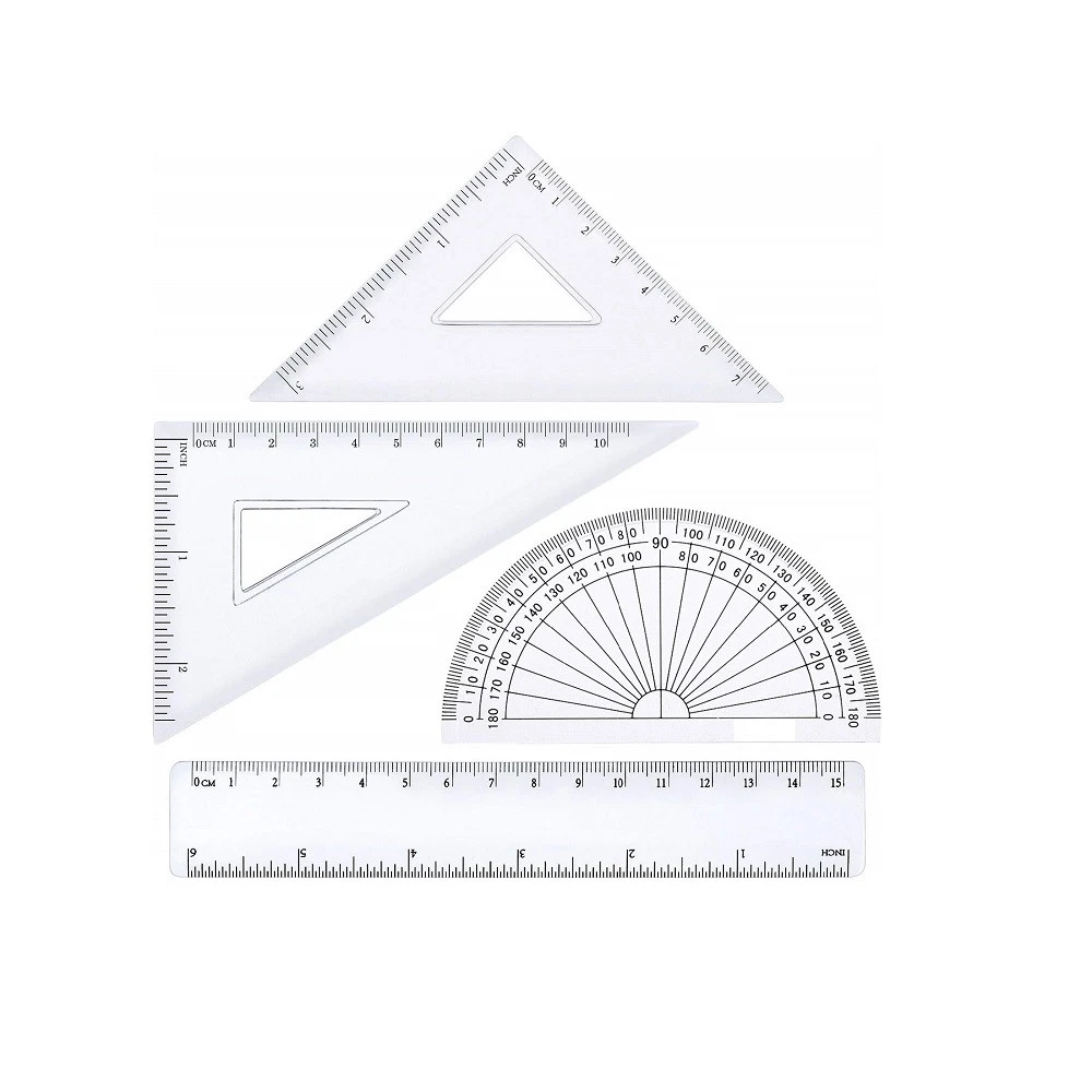 LULAND 4 Pieces Math Geometry Tool Protractor Triangle Plastic Clear Ruler Sets