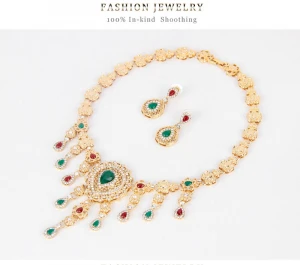 Luxury Water Drop Colorful Rhinestone Crystal Necklace Earring Bracelet Ring Set Elegant Bridal Wedding Jewelry Set Gold Plated