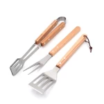 Manufacturing Premium 3 Piece Wood Handle Stainless Steel Grill BBQ Set Cooking Tools