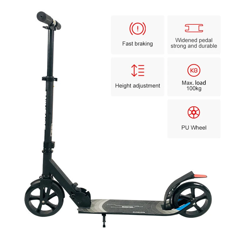 MII GO Factory Direct 180mm  3 Adjustable Height foot Scooter Folding cheap Big PU Wheel Kick Scooter for Adult