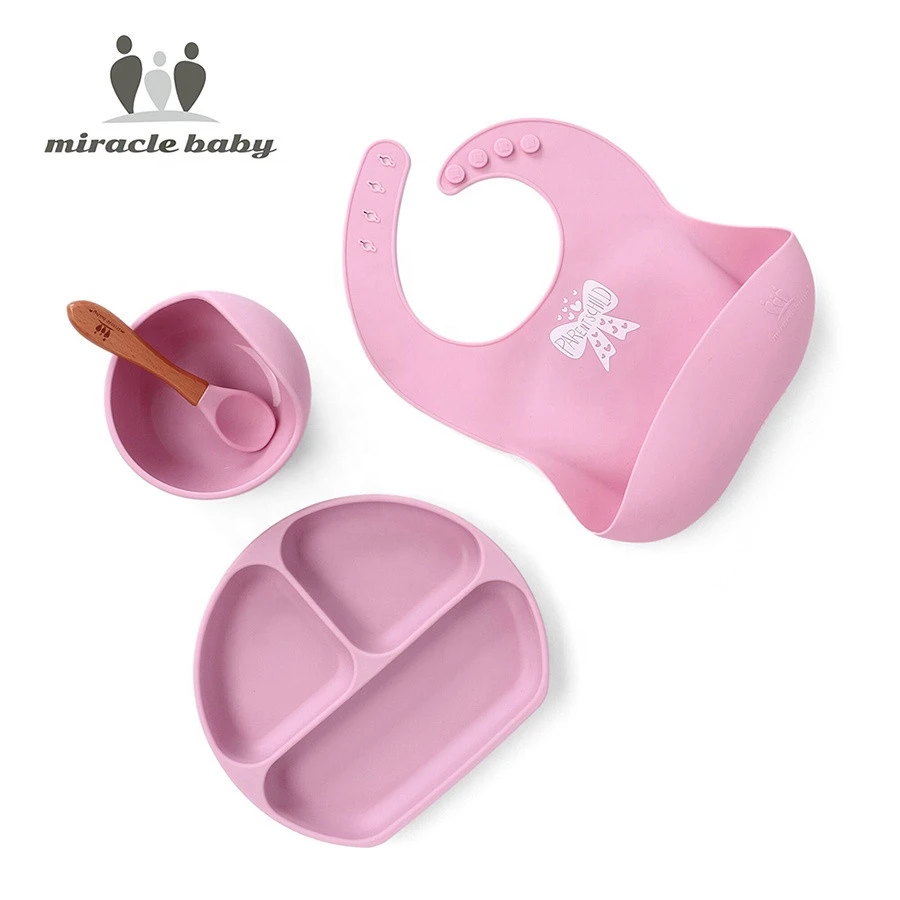 Miracle Baby Eco-friendly Free Bpa No Slip Baby Plate Bib with Suction Cup Food Grade Silicone Feeding Baby Bowls With Spoon