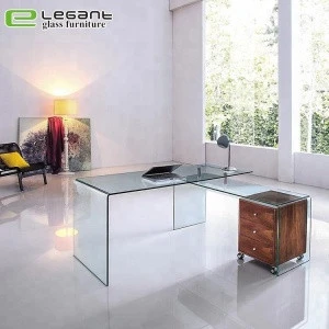Modern Bent Glass Office Desk with Walnut Wood Veneer Drawer