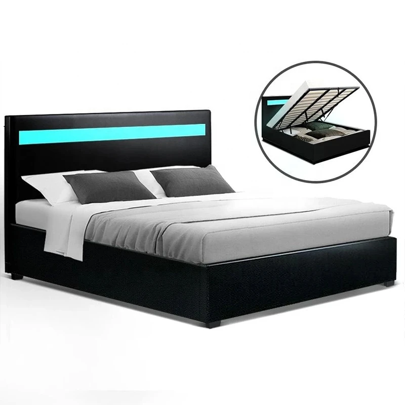 Modern design queen size PU genuine leather LED bed with storage