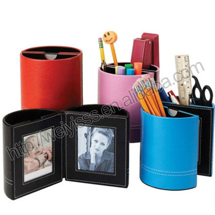 Multicolor Factory High Quality PU Leather desktop Pen Holder With Photo Frame