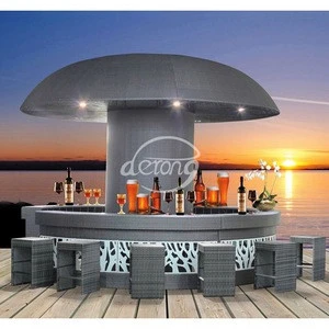 Mushroom design outdoor wiker aluminum frame bar set round counter with lights restaurant hotel bar table garden set