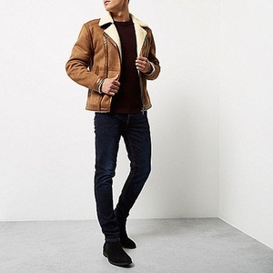 New Arrival Fashion Men Clothing Light Brown Borg Collar Biker Jacket With Suede Fabric
