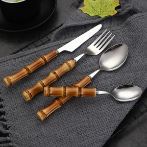 New Design Unique Bamboo Shape Stainless Steel Cutlery Set 304 Spoons Forks Knives Cutlery with Bamboo Handle