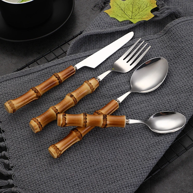 New Design Unique Bamboo Shape Stainless Steel Cutlery Set 304 Spoons Forks Knives Cutlery with Bamboo Handle