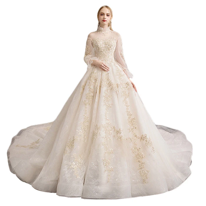 New Drag-tailed Princess Has A Dreamlike  Neat Spring Long-sleeved Wedding Dress