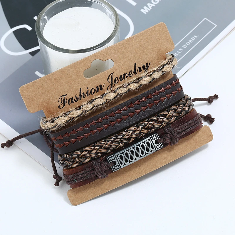 New Fashion 4pcs/set Black Wrap Woven Handmade Men Bracelets Hemp Rope Vintage Cowhide Leather Bracelet