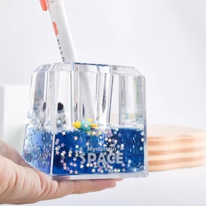 New Plastic Acrylic Liquid Floating Pencil and Pen Holder Pen Pot with Glitter Desktop Stationery Organiser