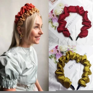 Newest Fashion Hair Accessories Wholesale Crinkle Fabric Hairband Ruffle Plain Satin Scrunchie Hair band Headband For Girls