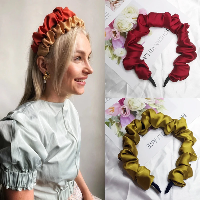 Newest Fashion Hair Accessories Wholesale Crinkle Fabric Hairband Ruffle Plain Satin Scrunchie Hair band Headband For Girls