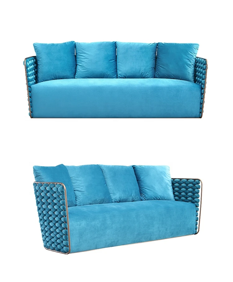 Nordic style cloth art sofa flannelette braid 3 people sitting room blue sofa