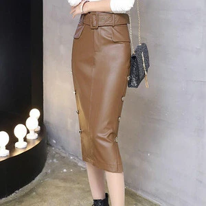 OEM Women Textured Fashion Button Long Pu Pencil Leather Skirts
